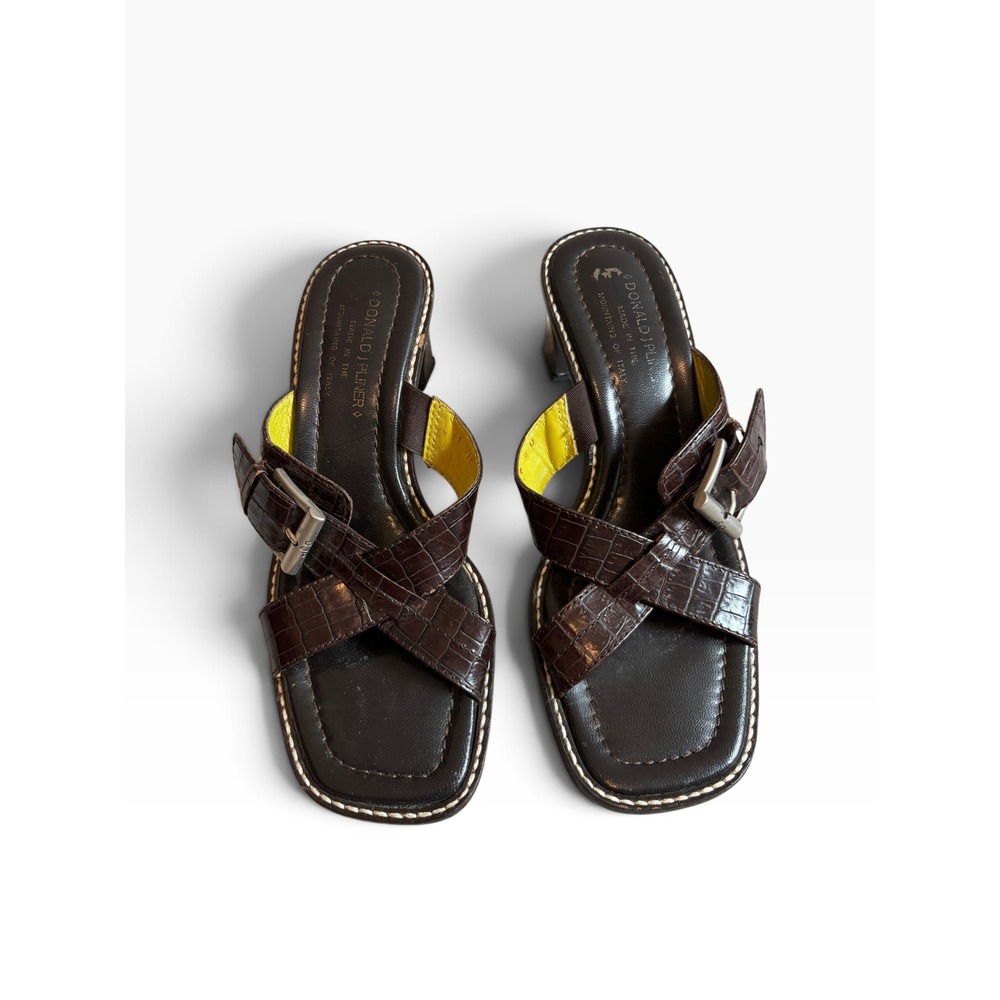 Donald J Pliner Vic Sandals 8M Brown Croc Embossed Leather Block Heel Italy